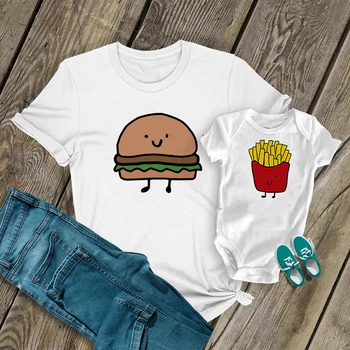  1 бр., е един и същ дрехи за мама и бебе, Нова Риза за майка, перфектна комбинация Върхове с Гамбургером и пържени картофи, Забавна Тениска за мама и бебе