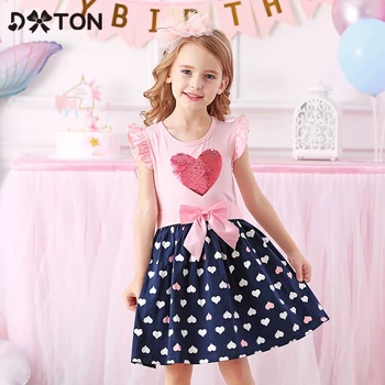  DXTON/ Детско памучно рокля за Момичета, Лятото Принцеса Рокля с пайети във формата на Сърце и лък, Детски Ежедневни Училищна Дрехи от 3 до 8 години