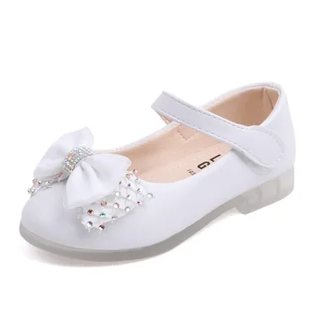  Бели обувки За момичета, Детски сватбени модела обувки с лък-пеперуда и Красиви Кристали; Детски Кожени обувки на равна подметка за деца; Обувки за Момичета 22-31