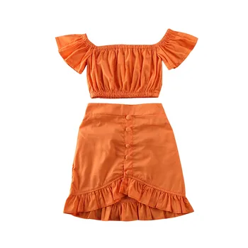  Комплекти дрехи за момиченца от 1 до 6 години, Оранжеви Потници с открити рамене, пола трапецовидна форма с волани, Детски летни Дрехи, Комплекти от 2 теми