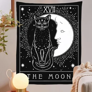  Котка Таро на Луната Кошмарен Гоблен Стенен Черен Бял Загадъчни Предсказания Магьосничество Гоблени Интериор в стил Хипи