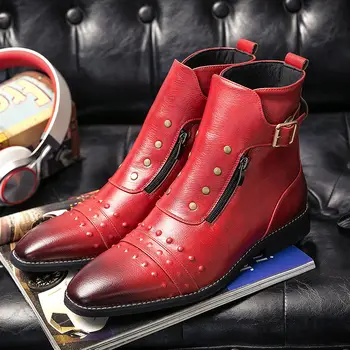  Луксозни Мъжки Модела Обувки в Британския стил, Обувки-oxfords, Есенни Дизайнерски Мотоциклетни Ботуши за Мъже, Червени, Кафяви Кожени Каубойски Ботуши, Мъжки