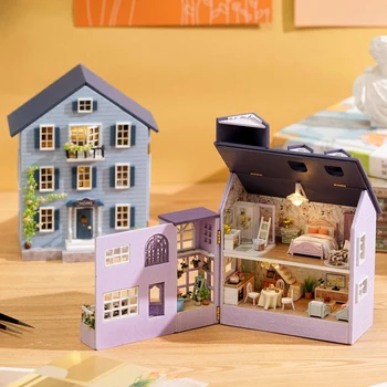  Нови DIY Дървени Куклени Къщи Миниатюрни Строителни Комплекти Мини Градче Casa Куклена Къща С Мебели за Вила, Играчки за Момичета Подаръци За Рожден Ден