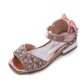  Нови постъпления 2020 г., Детски Сандали, Летни обувки За момичета, Модни Сандали Принцеса с Пайети, Перли и Лък, детски обувки За момичета На нисък ток Розов Цвят