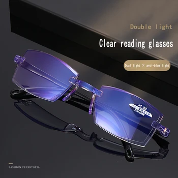  Очила за четене с анти-синя светлина, Диамантени Очила Без Рамки, Двойна Светло синя светлина, Блокиране на Очила за старческо, Диоптър от +1.0 до + 4,0